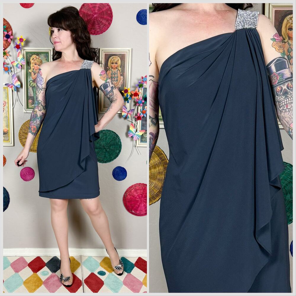 Vintage Y2K Caché Grey One Shoulder Grecian Drape Minidress